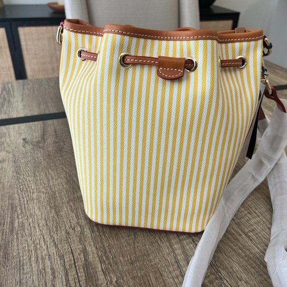 Dooney & Bourke Yellow Striped Small Drawstring Bucket Bag - Picture 6 of 7